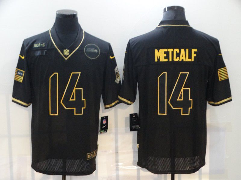 Men Seattle Seahawks 14 Metcalf Black Retro Gold Lettering 2020 Nike NFL Jersey